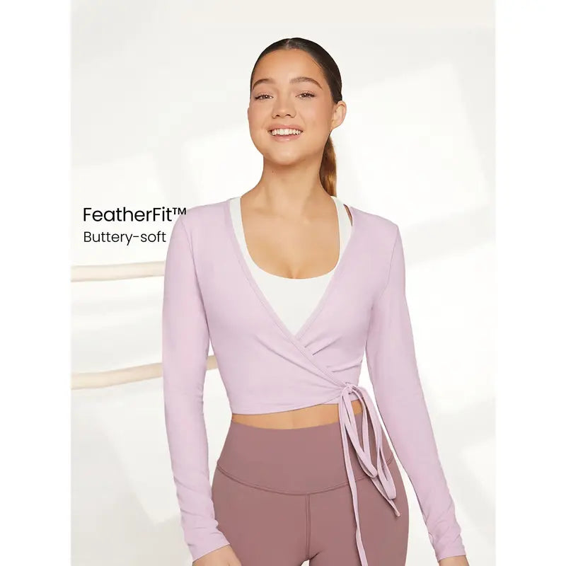 GLOWMODE Featherfit Tie Waist V-Neck Cropped Long Sleeve Top for Low Impact Yoga and Summer Wear