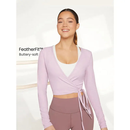 GLOWMODE Featherfit Tie Waist V-Neck Cropped Long Sleeve Top for Low Impact Yoga and Summer Wear