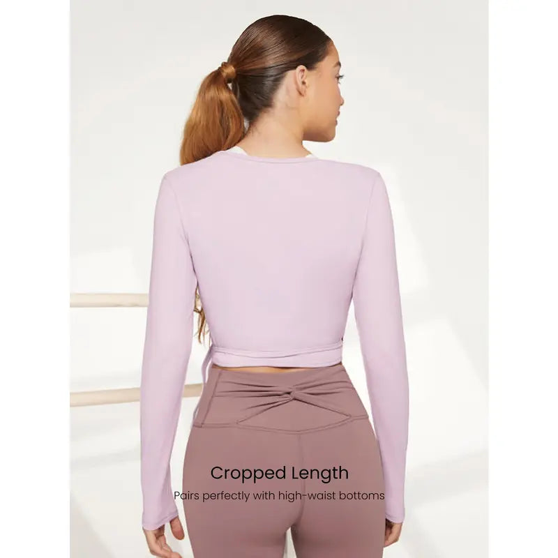 GLOWMODE Featherfit Tie Waist V-Neck Cropped Long Sleeve Top for Low Impact Yoga and Summer Wear
