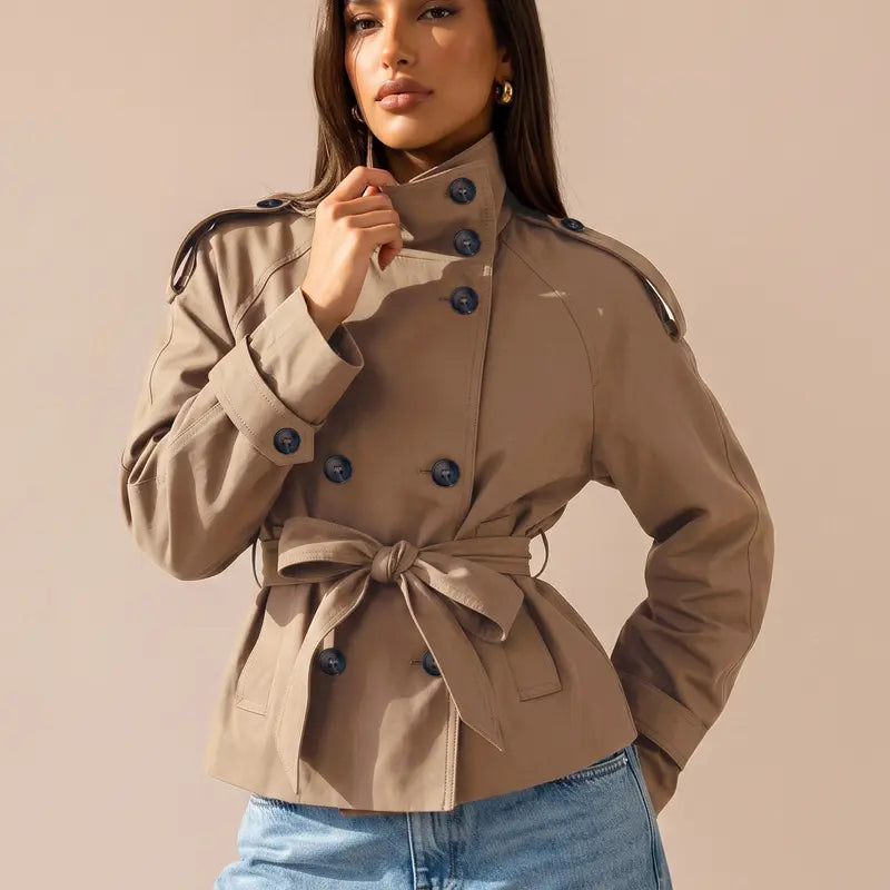 Katch Me Chic Women's Versatile Stand Collar Button-Up Trench Coat with Detachable Waist Belt - Cozy Windproof Long Sleeve Outerwear for Fall & Winter