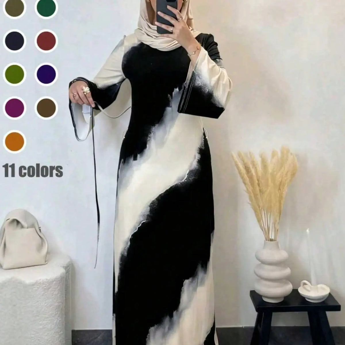 Muslim Women's Elegant Printed Maxi Dress - Modest Casual Slim-Fit Long Sleeve Design for All Seasons and Comfortable Daily Wear