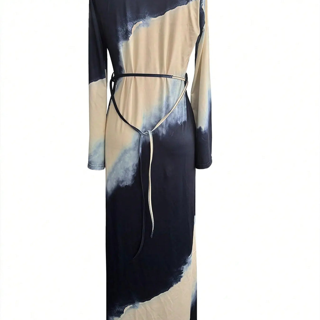 Muslim Women's Elegant Printed Maxi Dress - Modest Casual Slim-Fit Long Sleeve Design for All Seasons and Comfortable Daily Wear