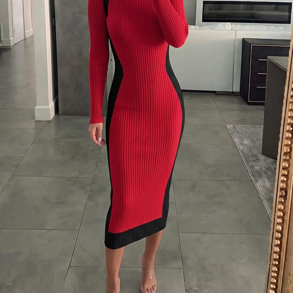 Women's Colorblock Long Sleeve Knit Midi Dress with Slim-Fitting Mock Neck for Autumn and Winter