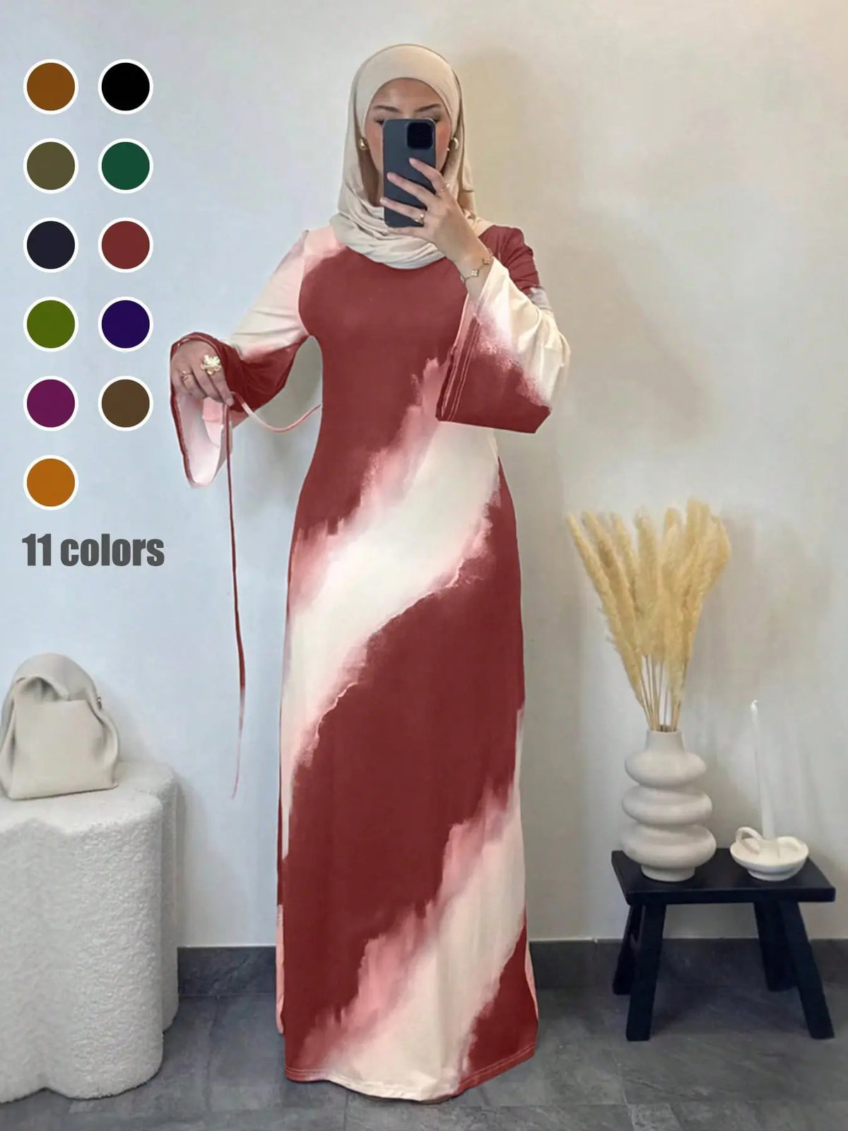 Muslim Women's Elegant Printed Maxi Dress - Modest Casual Slim-Fit Long Sleeve Design for All Seasons and Comfortable Daily Wear