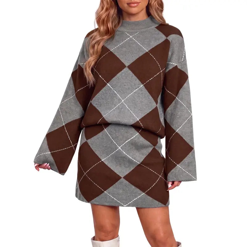 Wenrine Women's Casual 2-Piece Argyle Print Knit Set: Long Sleeve Funnel Neck Sweater and High-Waist Mini Skirt for Fall and Winter