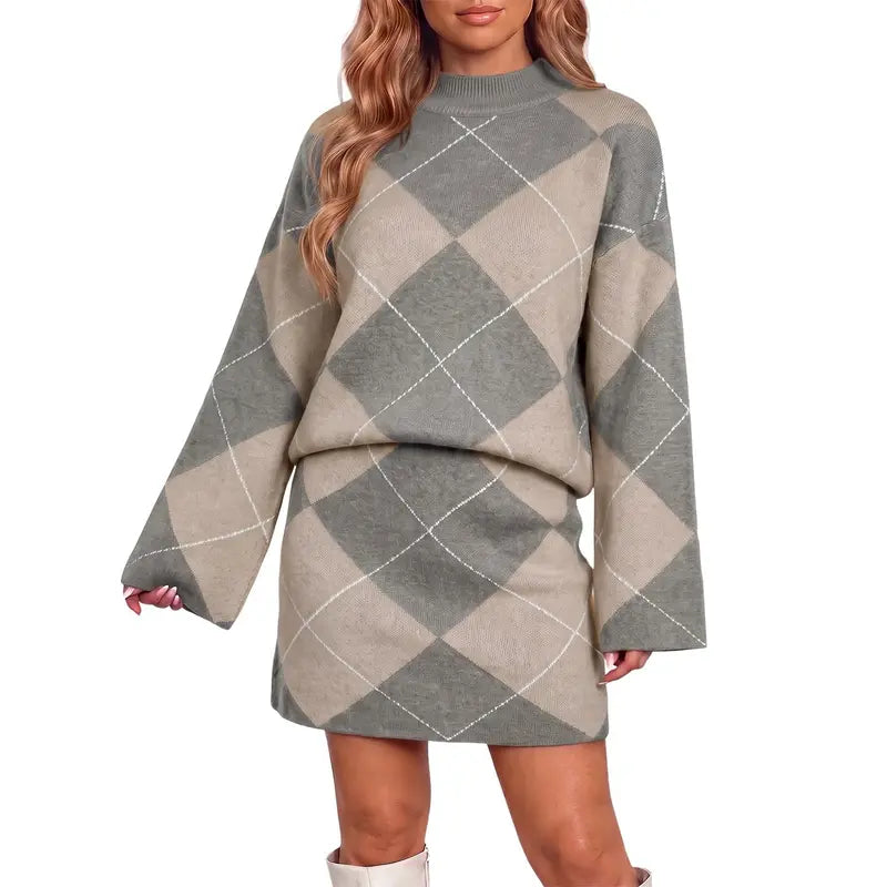 Wenrine Women's Casual 2-Piece Argyle Print Knit Set: Long Sleeve Funnel Neck Sweater and High-Waist Mini Skirt for Fall and Winter