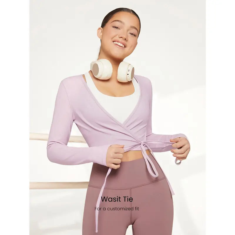 GLOWMODE Featherfit Tie Waist V-Neck Cropped Long Sleeve Top for Low Impact Yoga and Summer Wear