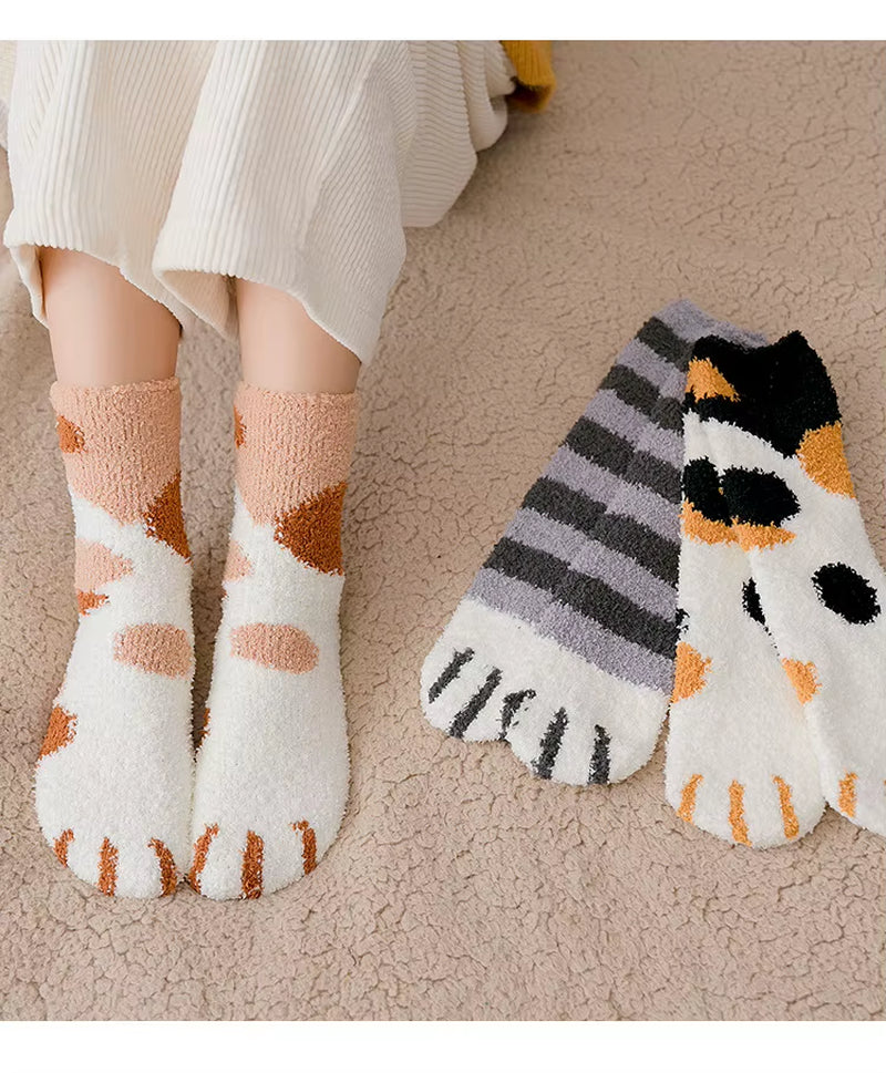 Cat-Paw Coral Velvet Sleep Socks – Soft Thick Cozy Floor Socks