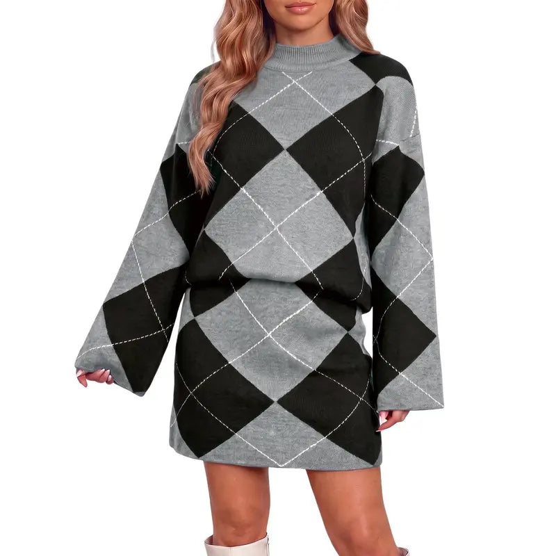 Wenrine Women's Casual 2-Piece Argyle Print Knit Set: Long Sleeve Funnel Neck Sweater and High-Waist Mini Skirt for Fall and Winter