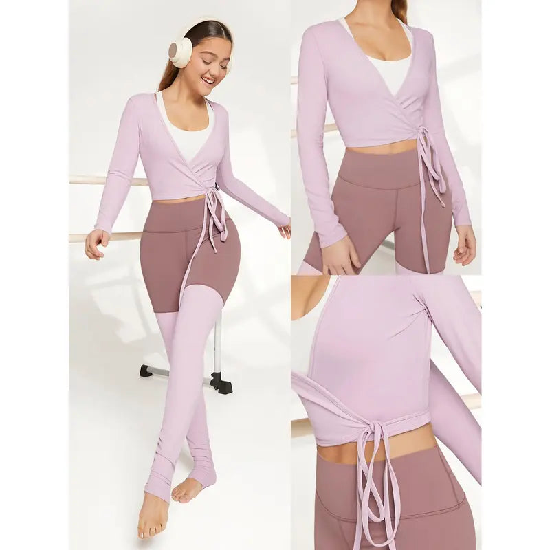 GLOWMODE Featherfit Tie Waist V-Neck Cropped Long Sleeve Top for Low Impact Yoga and Summer Wear