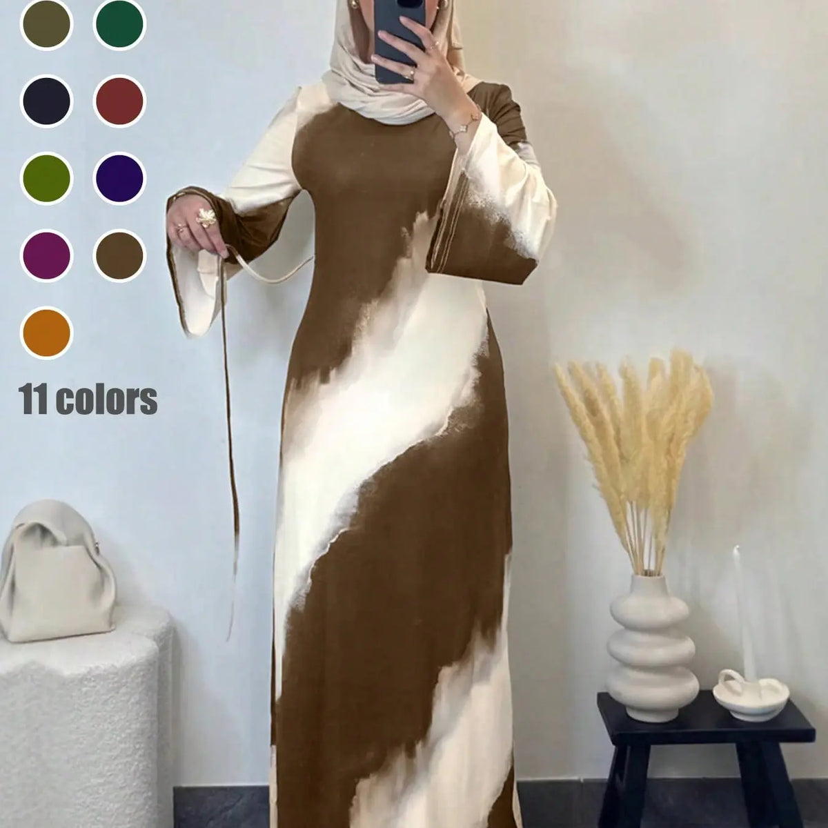Muslim Women's Elegant Printed Maxi Dress - Modest Casual Slim-Fit Long Sleeve Design for All Seasons and Comfortable Daily Wear