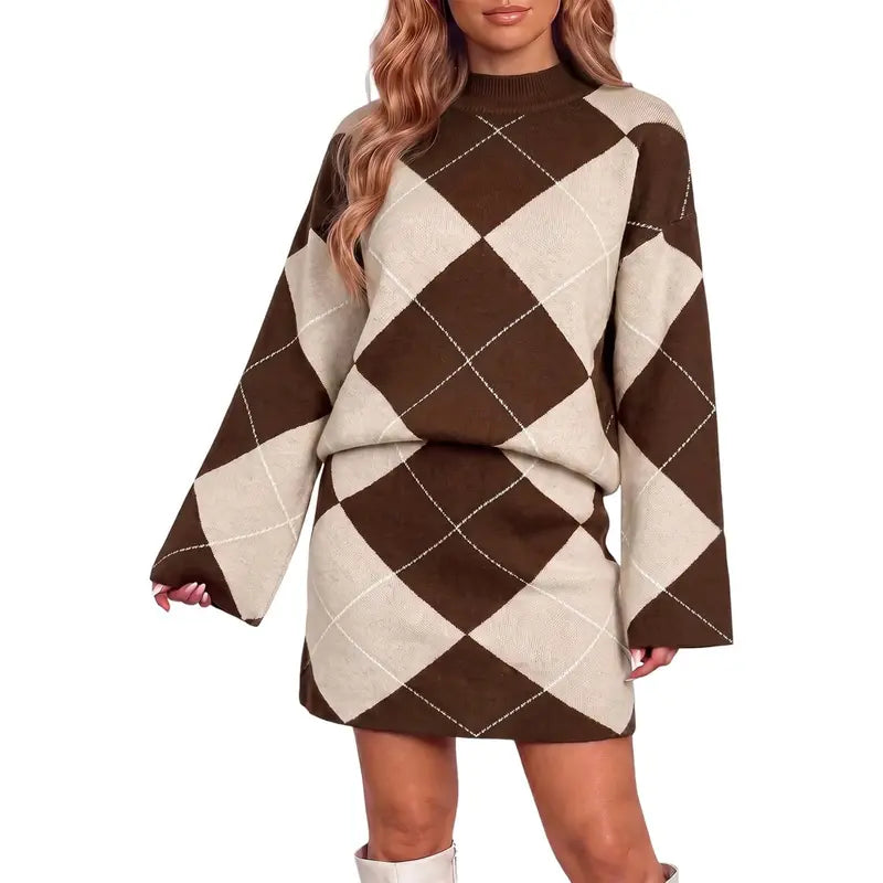 Wenrine Women's Casual 2-Piece Argyle Print Knit Set: Long Sleeve Funnel Neck Sweater and High-Waist Mini Skirt for Fall and Winter