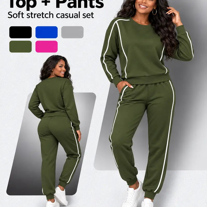 Women's Casual 2-Piece Athleisure Set - Soft Knit Long-Sleeve Pullover and Athletic Pants, Machine Washable Coordinated Outfit for Workouts and Travel