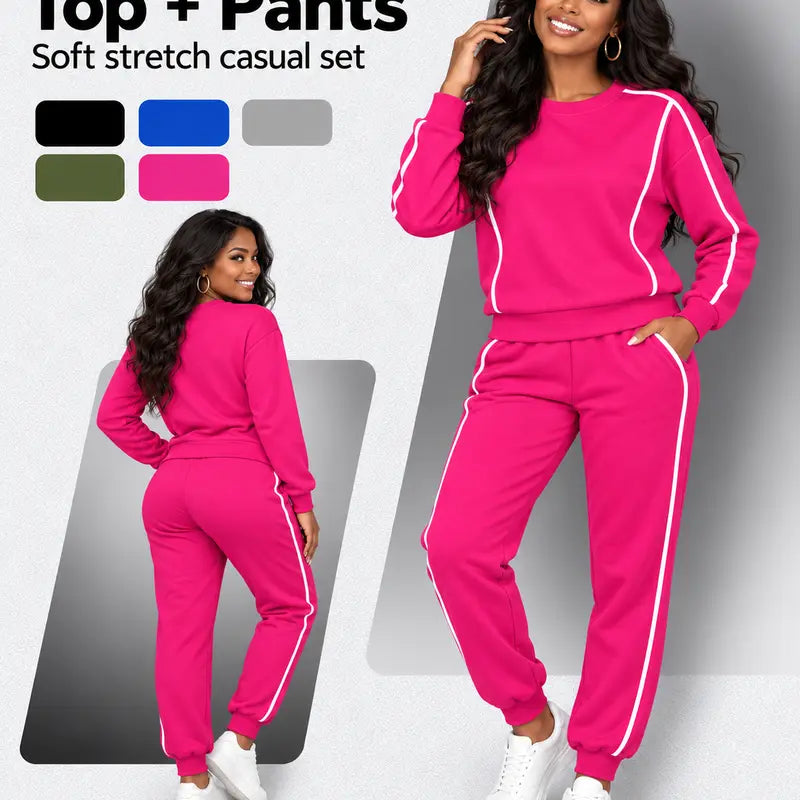 Women's Casual 2-Piece Athleisure Set - Soft Knit Long-Sleeve Pullover and Athletic Pants, Machine Washable Coordinated Outfit for Workouts and Travel