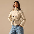 Katch Me Chic Women's Versatile Stand Collar Button-Up Trench Coat with Detachable Waist Belt - Cozy Windproof Long Sleeve Outerwear for Fall & Winter
