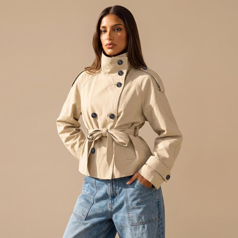 Katch Me Chic Women's Versatile Stand Collar Button-Up Trench Coat with Detachable Waist Belt - Cozy Windproof Long Sleeve Outerwear for Fall & Winter