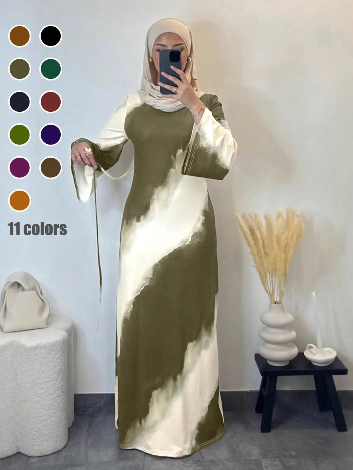 Muslim Women's Elegant Printed Maxi Dress - Modest Casual Slim-Fit Long Sleeve Design for All Seasons and Comfortable Daily Wear