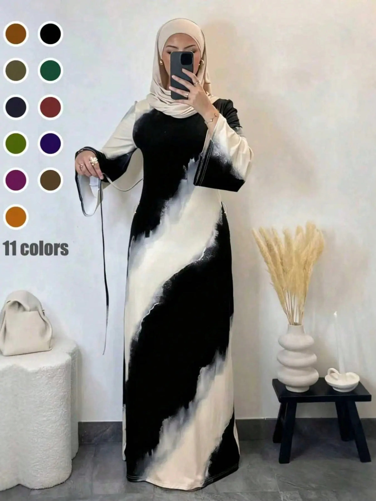 Muslim Women's Elegant Printed Maxi Dress - Modest Casual Slim-Fit Long Sleeve Design for All Seasons and Comfortable Daily Wear