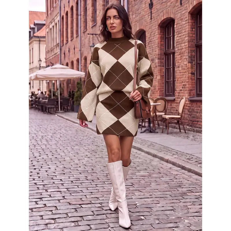 Wenrine Women's Casual 2-Piece Argyle Print Knit Set: Long Sleeve Funnel Neck Sweater and High-Waist Mini Skirt for Fall and Winter