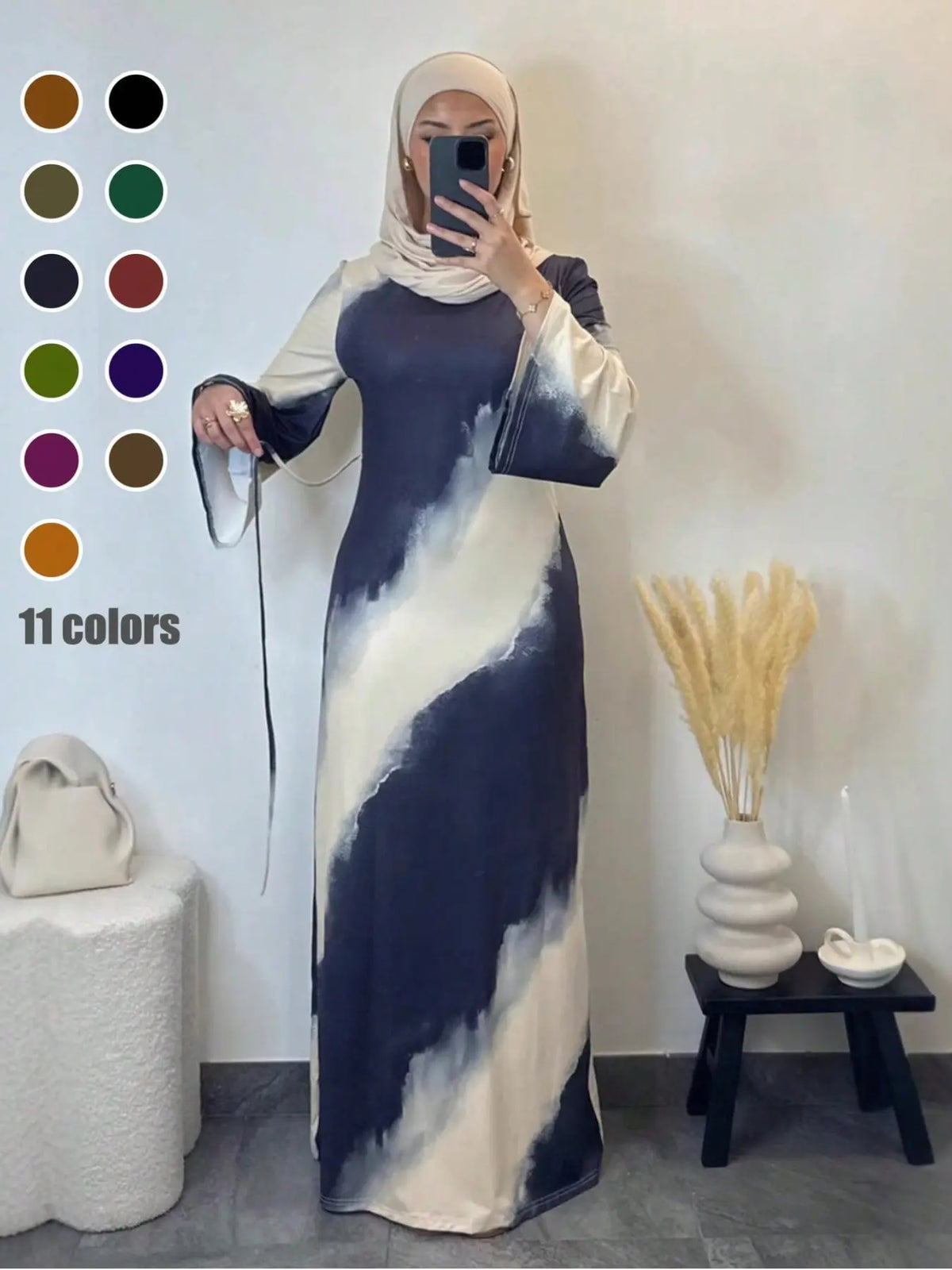 Muslim Women's Elegant Printed Maxi Dress - Modest Casual Slim-Fit Long Sleeve Design for All Seasons and Comfortable Daily Wear