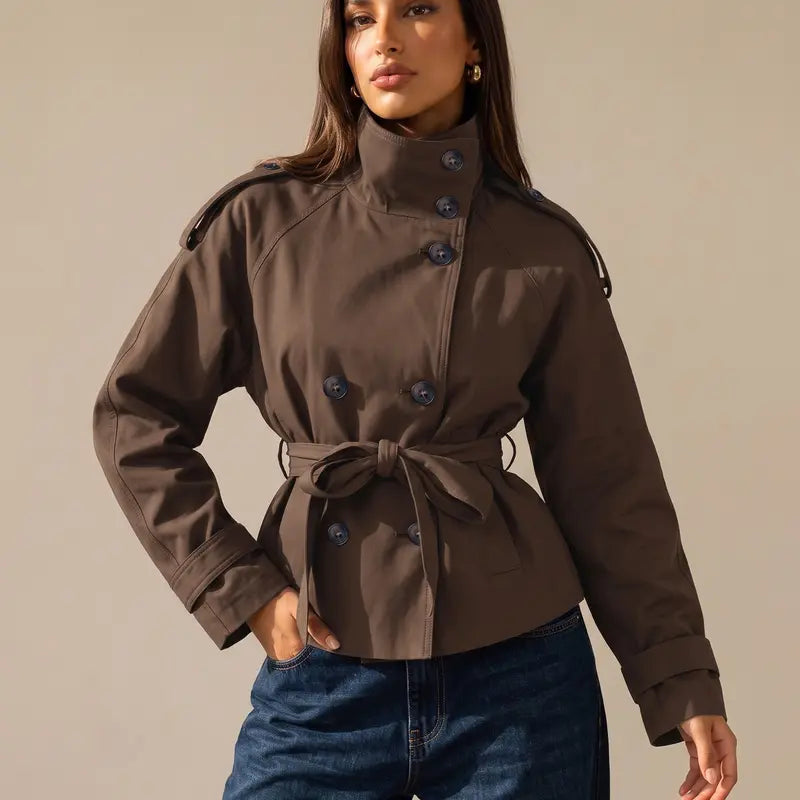 Katch Me Chic Women's Versatile Stand Collar Button-Up Trench Coat with Detachable Waist Belt - Cozy Windproof Long Sleeve Outerwear for Fall & Winter