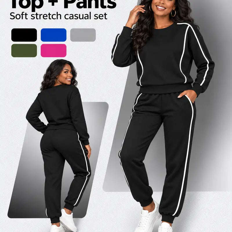 Women's Casual 2-Piece Athleisure Set - Soft Knit Long-Sleeve Pullover and Athletic Pants, Machine Washable Coordinated Outfit for Workouts and Travel