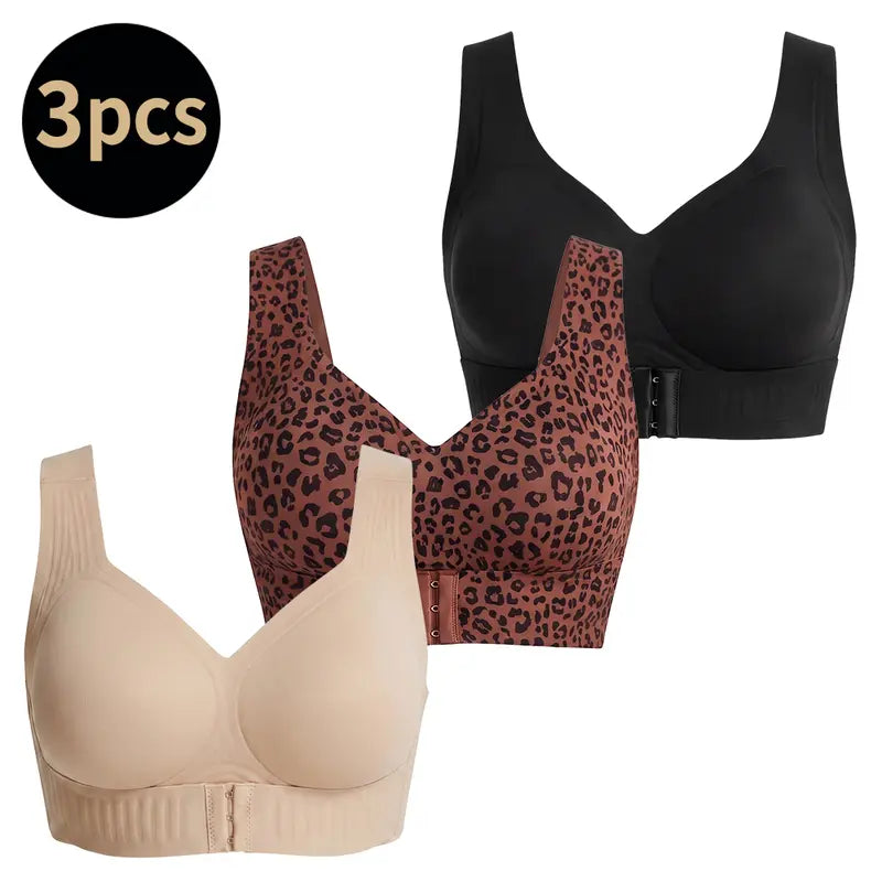 Women's Wire-Free Posture Support Sports Bra - Animal Print V-Neck, Breathable Mesh, Removable Pads, Gentle Support, Machine Washable, Comfortable Unlined Bralette for Yoga and Gym