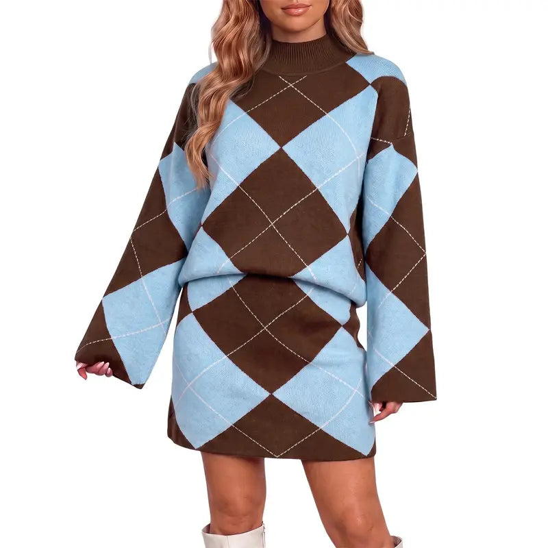 Wenrine Women's Casual 2-Piece Argyle Print Knit Set: Long Sleeve Funnel Neck Sweater and High-Waist Mini Skirt for Fall and Winter